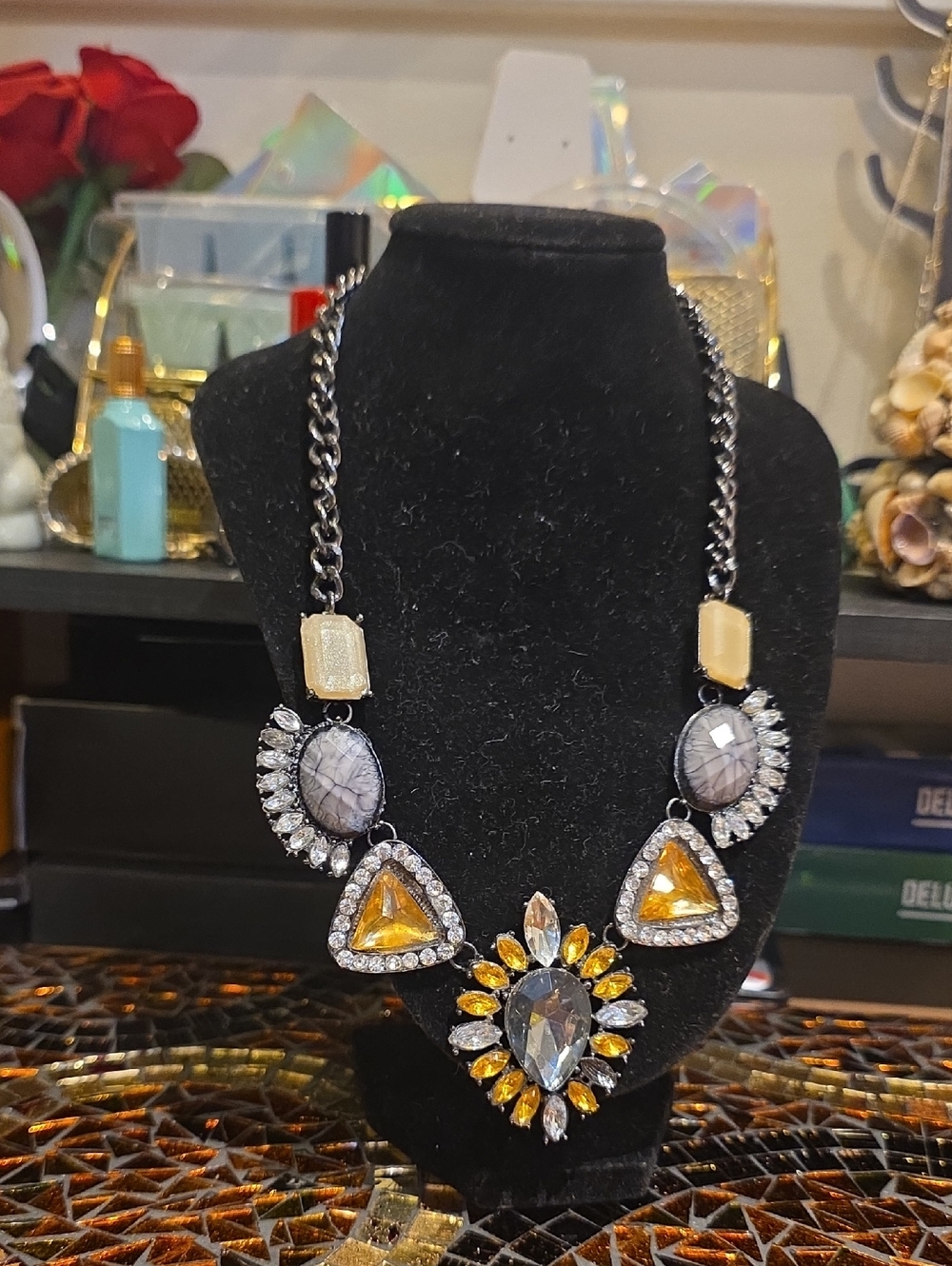 Source Unknown Yellow and Clear Statement Necklace